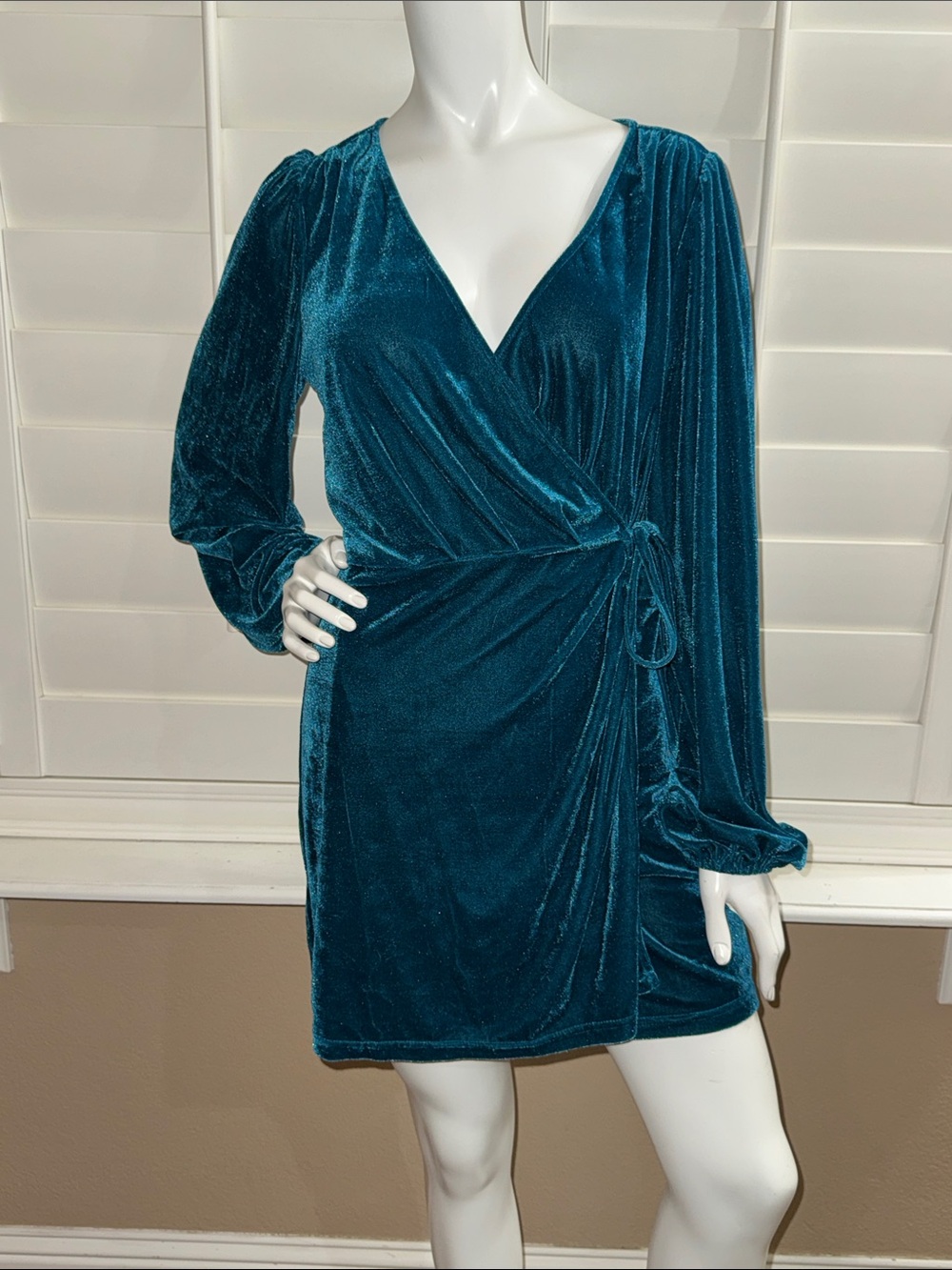 Lulus Luxe to the Touch Teal Blue Velvet Long Sleeve Wrap Mini Dress